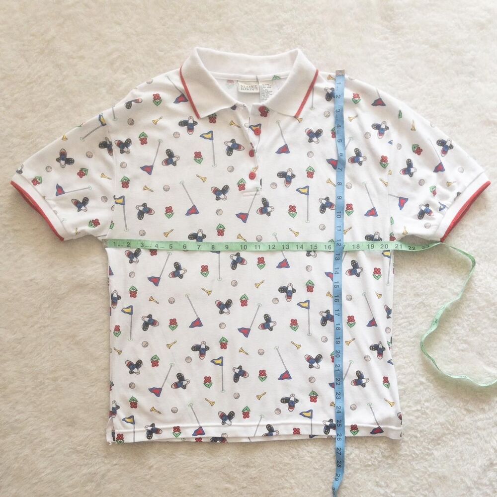 Vintage 90s Classic Elements golf print white and multi-coloured polo shirt L - Picture 7 of 8
